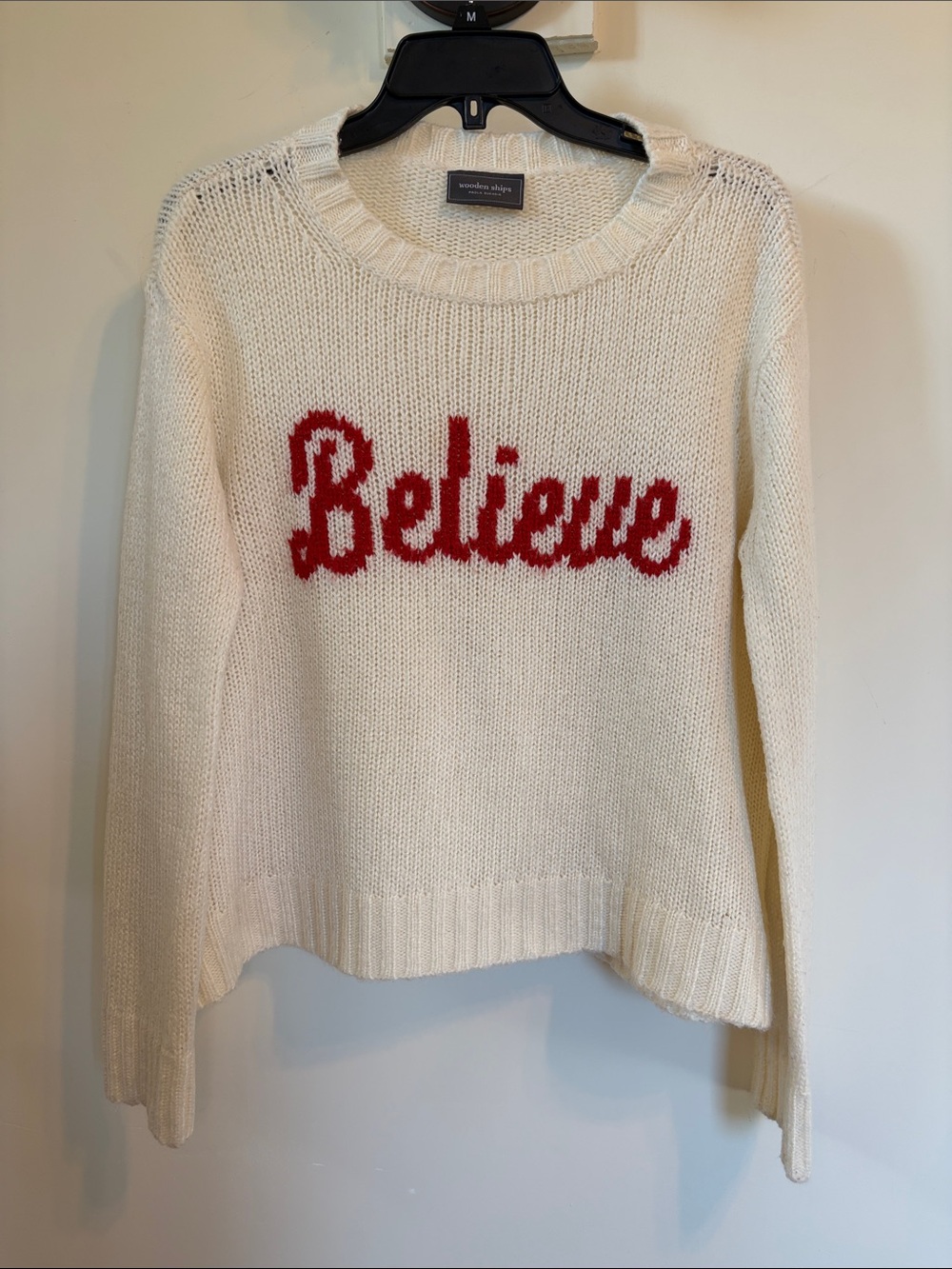 Wooden Ships Believe Sweater S/M Ivory Red Holiday Christmas Mohair Wool